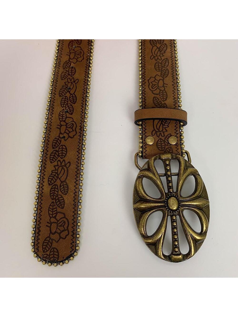 Western floral gold beaded boho brown belt. 38.5 inches length. 1.5 inch width. - Picture 5 of 8